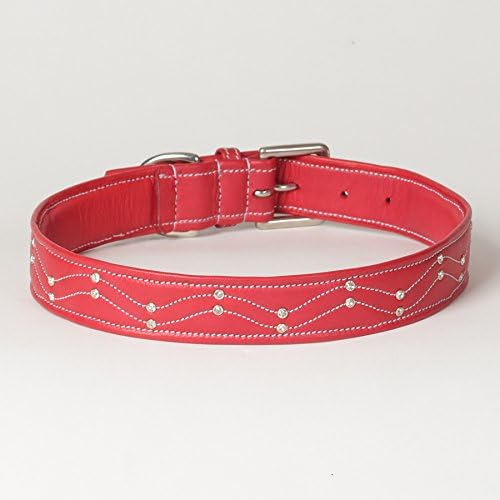 X-Large Rhinestone Soft Red Napa Leather Padded "Swarovski Jewel" Dog Collar; Fits 21" - 25" Neck Size