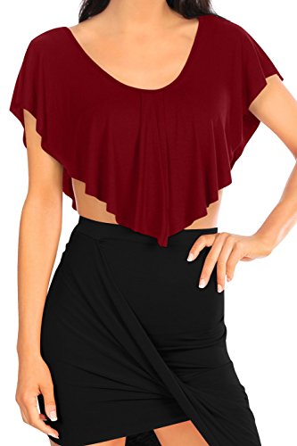 Womens Ruffle Draped V Neck Short Sleeve Stretchy Crop Top With Bandeau