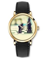 SPRAWL Aanalog Fashion Series Gold Ladies Watches of Genuine Black Leather Strap,Unique Wrist Watch for Women Girls Designed with chess