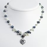 Sterling Silver Botswana Agate/Grey & Lite Blue Cultured Pearl Necklace - 16 Inch