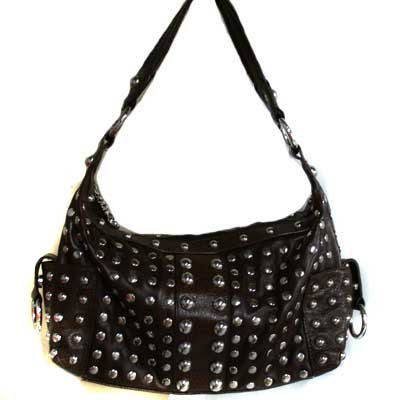 BROWN HAND BAG WITH SILVER RIVETS W SIDE POCKETS