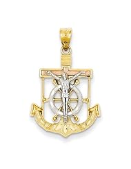 14k Three Tone Gold D/C & Textured Mariners Cross Crucifix Pendant