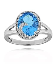 10k White Gold Millennium Cut Oval Blue Topaz and Haloed Diamond and Gemstone Ring, Birthstone of December