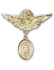 Gold Filled Baby Badge with St. Hubert of Liege Charm and Angel with Wings Badge Pin