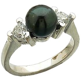 14K White Gold Cultured Black Pearl and Diamond Ring by Jewelry Days