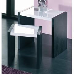 2-Satz-Tisch eiche schwarz-wei� aus MDF mit Kunststoffoberfl�che in Eiche Nachbildung schwarz, Ablagen mit Kunststoffoberfl�che in hochglanz wei� Breite 33/46XTiefe30/35xH�he35/43cm, Produktnummer: HA42114
