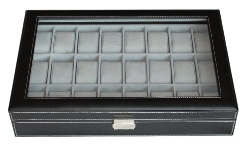 ELEGANT 24 PIECE BLACK LEATHERETTE WATCH COLLECTION STORAGE ORGANIZER GLASS TOP DISPLAY CASE