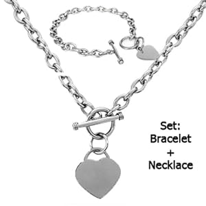High Polished Stainless Steel Heart Chain Necklace and Bracelet Set with Toggle Clasp-Noureda