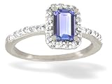 14K White Gold Genuine Emerald-cut Tanzanite and Diamond Ring