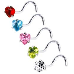18 Gauge Stainless Steel Heart CZ Nose Ring Pack