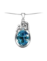 Original Star K (tm) Loving Mother And Father With Child Pendant With Oval 11x9mm Simulated Blue Topaz in .925 Sterling Silver