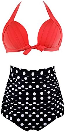 Dailycooper Solid Black Retro Elegant High Waisted Bathing Suit Swimsuits (M (US 4-6), Red+Black+White Polka)