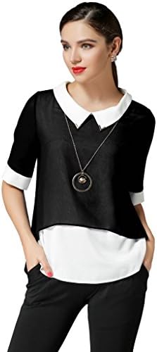 Gressa Women Horse Hoof Collar False Two-piece Half Sleeve High Low Tunic Blouse Top Black US/18