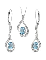 14K White Gold Natural Aquamarine Lever Back Earrings & Pendant Set Diamond Accent