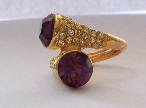 Click here to buy Kenneth Jay Lane Gold Ring w Crystal Embellishment and Double Amethyst Head Center Stone.