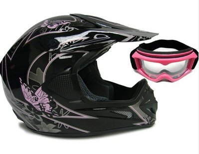 BLACK PINK BUTTERFLY ATV MOTOCROSS HELMET MX DIRTBIKE WITH GOGGLES (M) On Sale