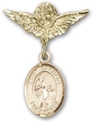 Gold Filled Baby Badge with St. Zachary Charm and Angel with Wings Badge Pin