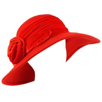 100% Wool Winter Velvet Floral Hatband Wide Brim Floppy Bucket Church Hat Red