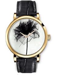 SPRAWL Aanalog Fashion Series Gold Ladies Watches of Genuine Black Leather Strap,Unique Wrist Watch for Women Girls Designed with black Flower