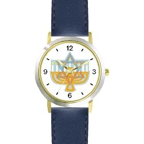 Hanukkah Candle Holder or Chanukia Jewish Star of David Judaica Jewish Theme - WATCHBUDDY� DELUXE TWO-TONE THEME WATCH - Arabic Numbers - Blue Leather Strap-Size-Large ( Men's Size or Jumbo Women's Size )