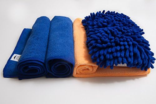 4 Piece Multipurpose Cleaning Kit, 2 Durable Blue Warp Knit Microfiber Dust/Drying Towels, 1 Orange Weft Knit Buffing Towel, 1 Blue Soft touch Chenille Sponge