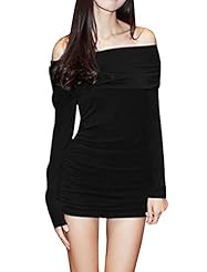 Bateau Neck Long Sleeves Off the Shoulder Gathered Shirred Stretchy Cotton/Polyester/Spandex Club Dress/Mini Dress 