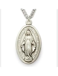Sterling Silver Oval Miraculous Medal in a Satin and Polished Border Finish Catholic Jewelry Miraculous Patron Saint St. Medal Catholic Gift BoxedChain Type: Silver Chain w/Chain 24" Length Gift Boxed