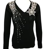 The Collective Works of Berek 3/4 Sleeve, Contoured Black Sweater Accented With Shimmering White Sequins Overlaid onto a Viscose  Nylon Blend V-Neck Design - The Milky Way