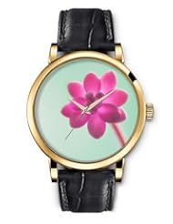 SPRAWL Aanalog Fashion Series Gold Ladies Watches of Genuine Black Leather Strap,Unique Wrist Watch for Women Girls Designed with Pink flower on green background