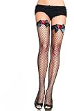 Leg Avenue - Industrial Net Overknees, Schleifen, Pailletten-Herz-Detail - One Size - Schwarz - 9073