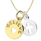 14k Yellow Gold Plated Sterling Silver Believe And Cross Cut-Out Two-Tone Charm Necklace, 18
