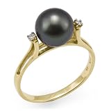 Tahitian Black Pearl Ring with Diamond in 14K Yellow Gold