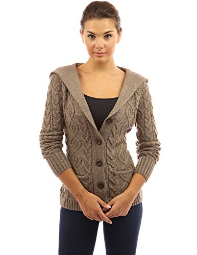 PattyBoutik Women's Wool Blend Hooded Cable Cardigan (Brown M)