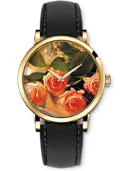 SPRAWL Aanalog Fashion Series Gold Ladies Watches of Genuine Black Leather Strap,Unique Wrist Watch for Women Girls Designed with Clear orange roses