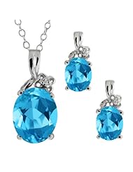5.87 Ct Oval Swiss Blue Topaz Gemstone 14k White Gold Pendant Earrings Set