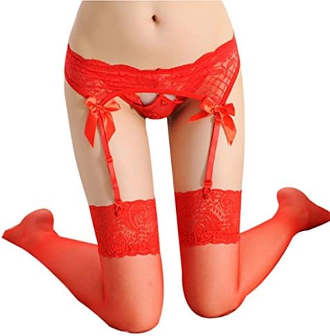 Stockings KIOP Women Lace Thigh-Highs Stockings &amp; Garter Suspender Belt Set (Red)