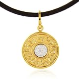 18K White/Yellow Diamond Center Circle Greek Key Pendant W/ 17 Leather Necklace
