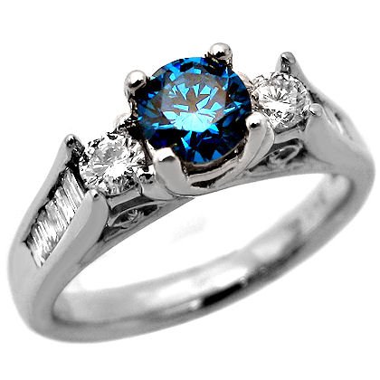 1.13ct Blue Round Diamond Engagement Ring 14k White Gold