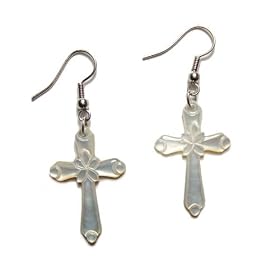 Byzantine Mini Cross / Crucifix Mother of Pearl Dangle Earrings