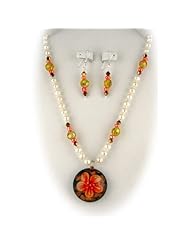 Murano Glass Orange Flower Pendant Freshwater Pearls Sterling Silver Necklace
