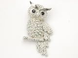 Winter Snow Owl Bird Hooting Clear AB Crystal Rhinestone Silver Tone Pin Brooch