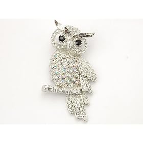 Snowy Rhinestone Owl Bird Hooting Crystal Brooch Pin