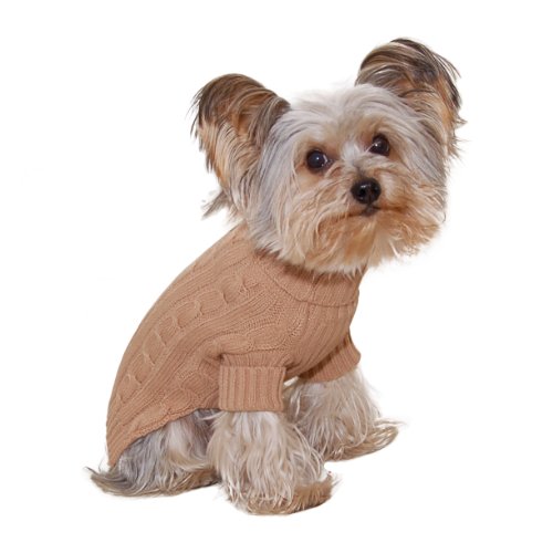 Size #12 (meidum) Designer Pet Clothes, Camel Turtleneck Dog Sweater, Classic Aran Knit