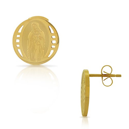 Edforce Stainless SteelYellow Gold-Tone Round Virgin Mary Religious Stud Earrings