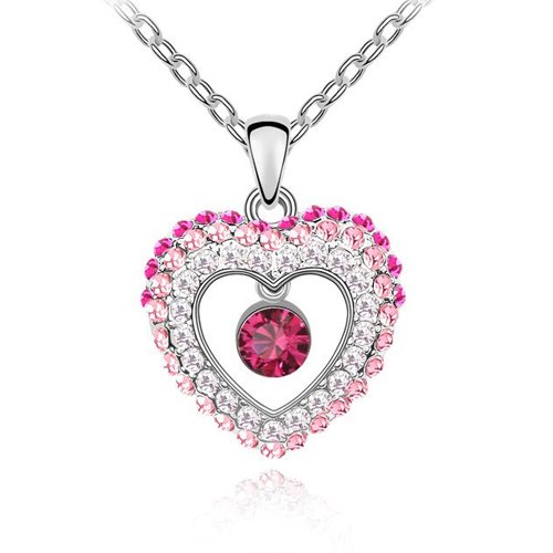 Heart Charm Crystal Pendant, Pink Women Necklace with Round Stone, Come With FREE 18
