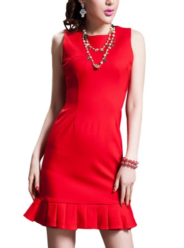 OYCP Women's Sexy Sleeveless Bodycon Falbala Pencil Party A-line Dress Red-XL