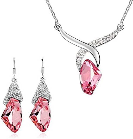 Pink Faux Crystal Rhinestone 925 Sterling Silver Plated Necklace &amp; Earrings 1 Set JF008