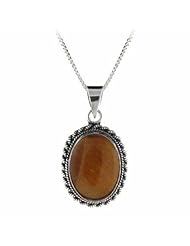 Genuine Tiger Eye Stone Twisted Sterling Silver Border Oval Pendant