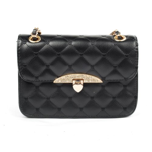 KERAL Korean Peach Heart Embroidered Handbag Diamond Lozenge Chain Shoulder Bag Color Black