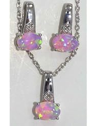 PINK OPAL DIAMOND EARRINGS AND PENDANT SET WHITE GOLD QUALITY